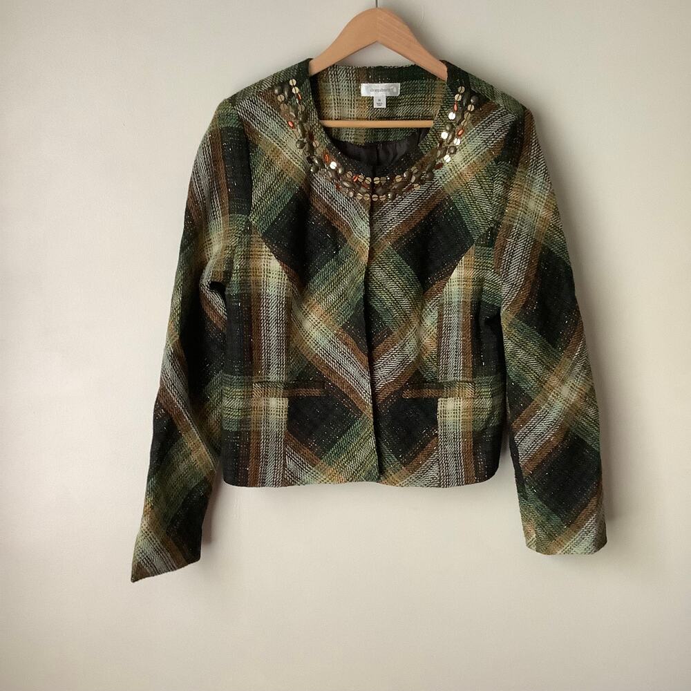 Dressbarn Womens Argyle Embellished Long Sleeve Open Dressy Blazer Jacket Medium